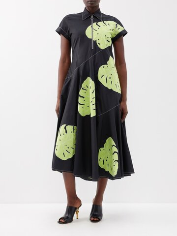 lovebirds - leaf-print cotton midi dress - womens - black green