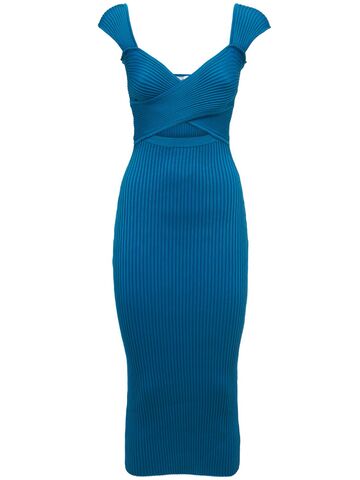 SELF-PORTRAIT Ribbed Knit Crossover Bust Midi Dress in blue