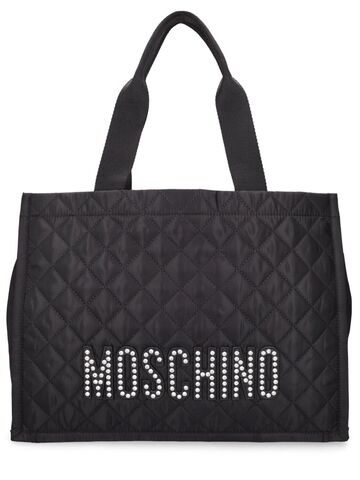 moschino crystal logo quilted nylon shoulder bag in black