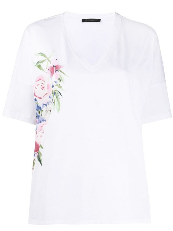 Mr & Mrs Italy floral v-neck T-shirt in white