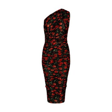 Dolce & Gabbana One-Shoulder Midi Dress in Draped Cherry Print Tulle