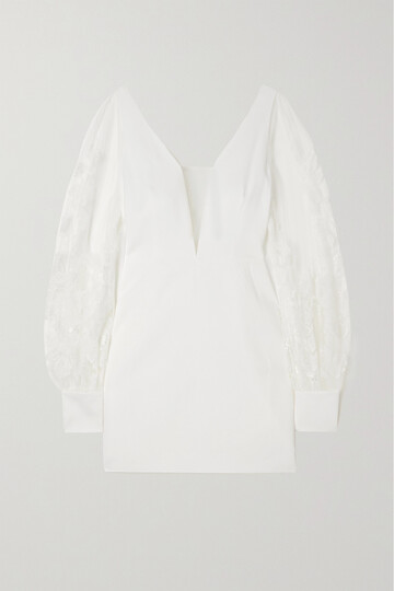 rime arodaky - lisa open-back embroidered tulle and crepe mini dress - white