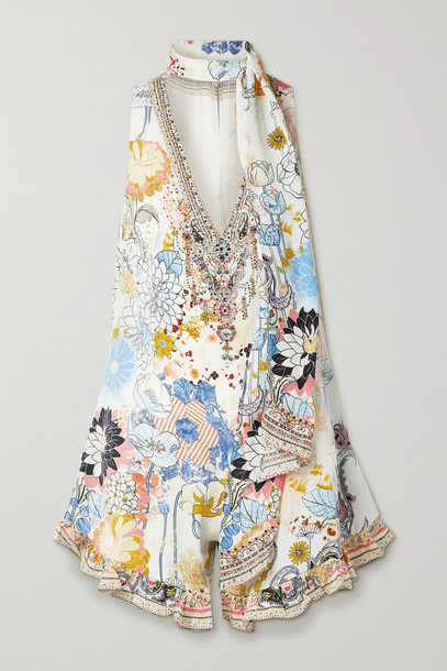 CAMILLA - Tie-neck Crystal-embellished Floral-print Silk Crepe De Chine Playsuit - White