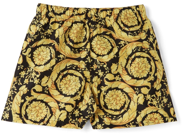 Versace Kids Black & Yellow Barocco Print Swim Shorts