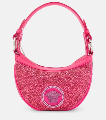 versace crystal repeat mini embellished leather shoulder bag in pink