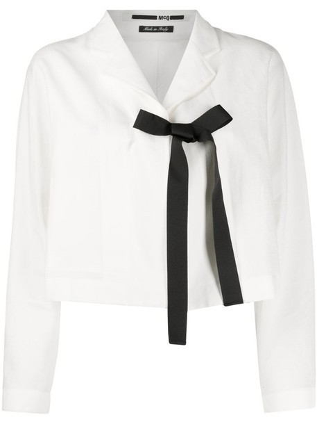 McQ Swallow cropped bow tied jacket in white