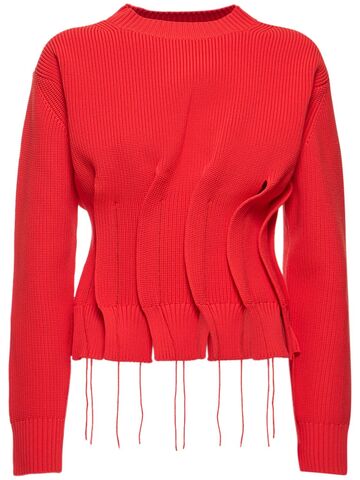 sacai pleated rib knit sweater in red