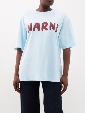 marni - oversized logo-print cotton-jersey t-shirt - womens - light blue