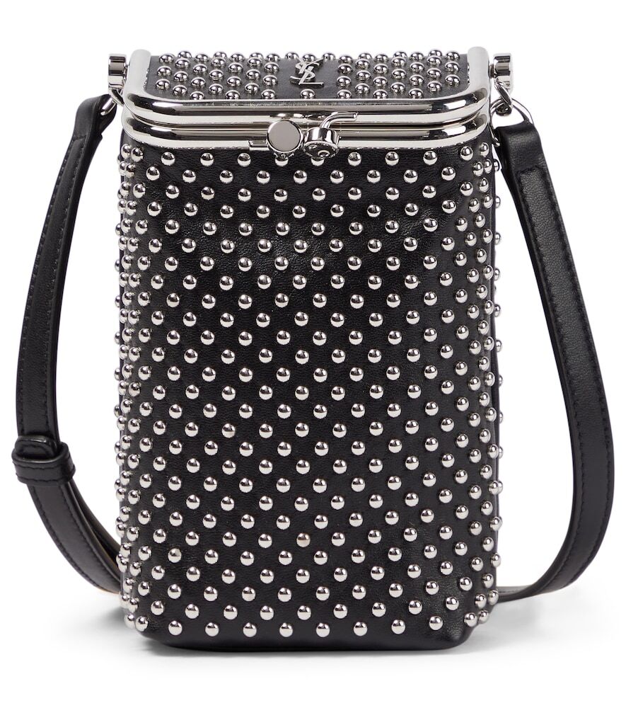 Saint Laurent Charniere Small studded leather bucket bag in black