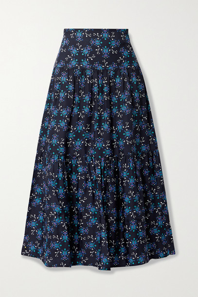 CEFINN - Sylvia Gathered Printed Satin-twill Midi Skirt - Blue