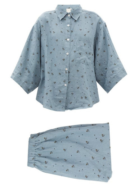 Deiji Studios - 03 Floral-print Stonewashed Short Linen Pyjamas - Womens - Blue Multi