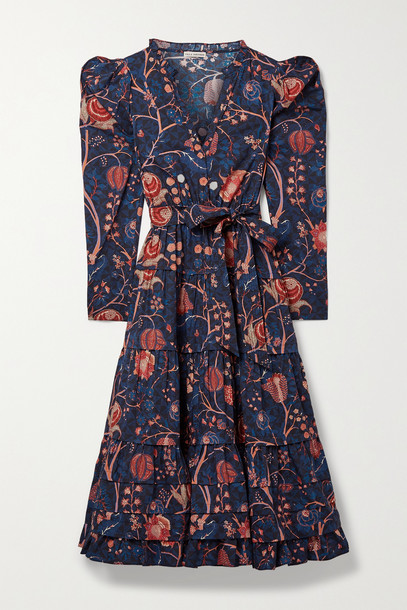 ULLA JOHNSON - Nanette Belted Tiered Floral-print Cotton-poplin Midi Dress - Blue