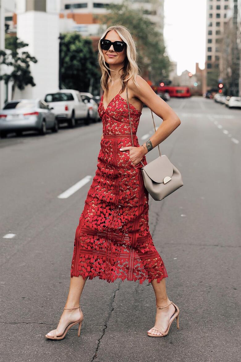 fashionjackson blogger dress shoes bag sunglasses spring outfits sandals red dress midi dress crossbody bag
