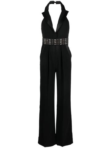 elisabetta franchi satin-trim rhinestone-embellished jumpsuit - black