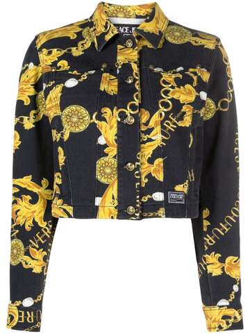 versace jeans couture barocco-print cropped denim jacket - black