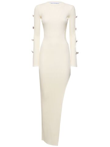 mach & mach embellished stretch knit maxi dress in white