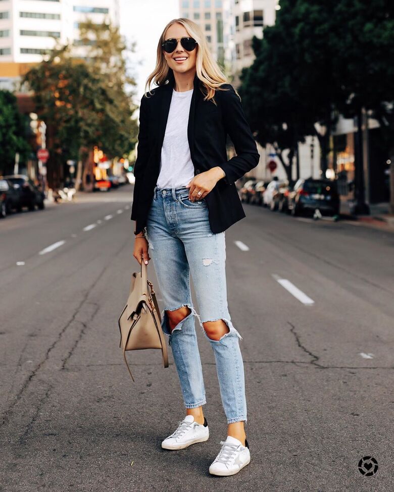 jacket, black blazer, jeans, ripped jeans, sneakers, bag, white t-shirt - Wheretoget