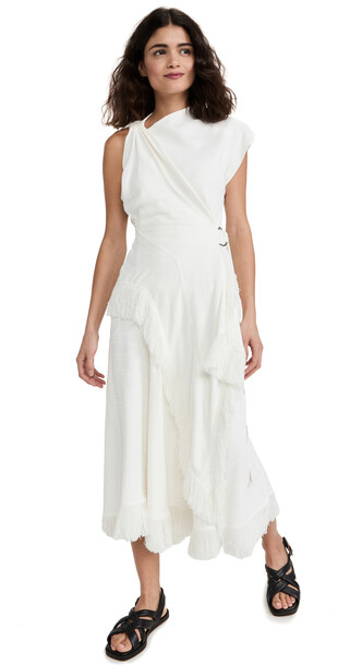 Proenza Schouler Textured Fringe Asymmetric Dress in white