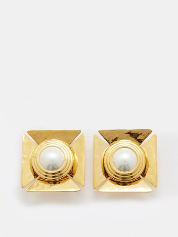 saint laurent - pearly square gold-tone clip earrings - womens - gold multi