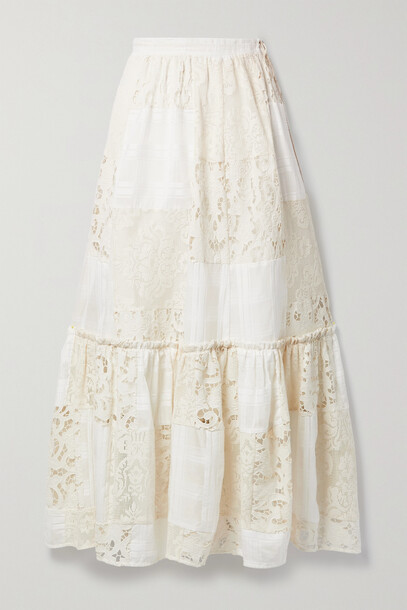 Zimmermann - Andie Patchwork Cotton-blend Corded Lace And Jacquard Midi Skirt - Ivory