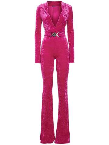 VERSACE Hooded Stretch Velour Jumpsuit in fuchsia