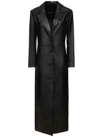 manokhi single breast long leather trench coat in black