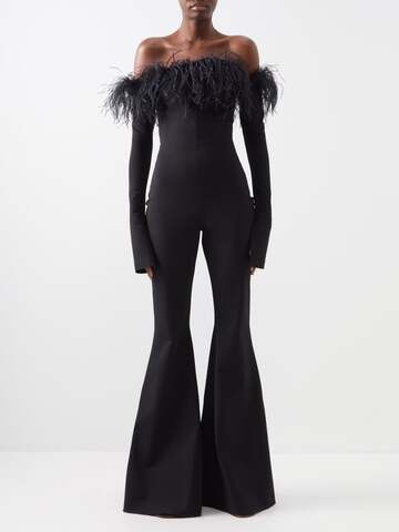 16arlington - off-the-shoulder feather-trim crepe jumpsuit - womens - black