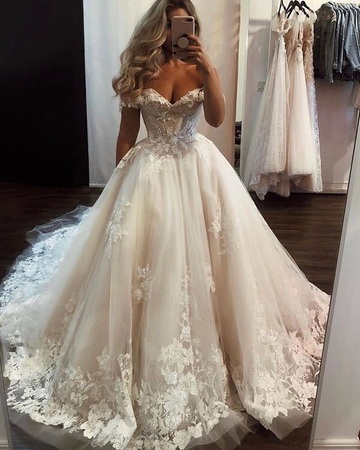 dress,white,white wedding dress,white dress,strapless dress,puffy dress,flower detailing,floor length,wedding dress,flower details