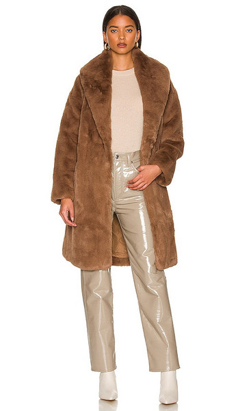 Adrienne Landau Belted Faux Fur Coat in Brown in camel