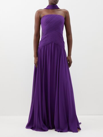 elie saab - pleated strapless silk-blend gown - womens - purple