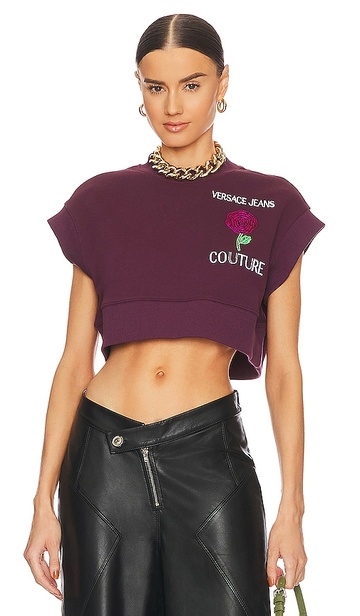 Versace Jeans Couture Short Sleeve Roses Sweatshirt in Wine in rose