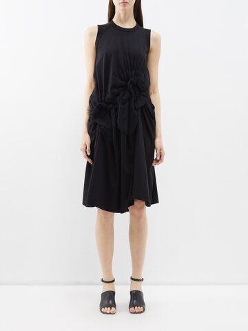 noir kei ninomiya - mesh-panel gathered cotton-jersey midi dress - womens - black