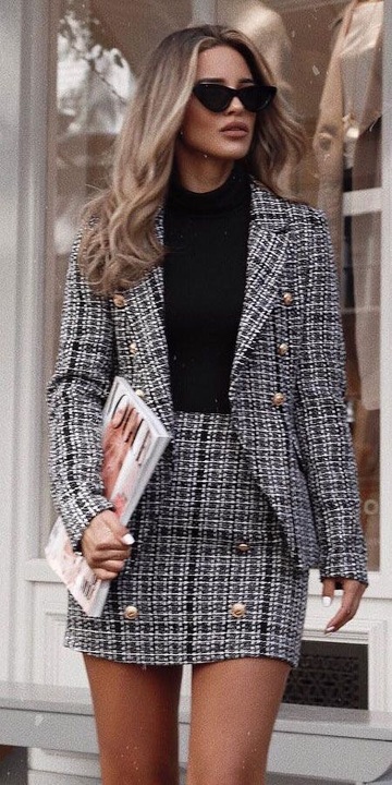 jacket,two-piece,tweed jacket,tweed skirt,stylish,style,skirt,grey,plaid,black,office outfits