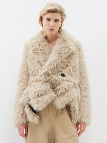 sacai - double-breasted faux-fur coat - womens - beige