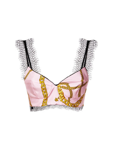 VERSACE Silk Twill & Lace Chain Crop Top in gold / pink