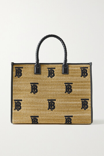 burberry - freya medium leather-trimmed embroidered raffia tote - black