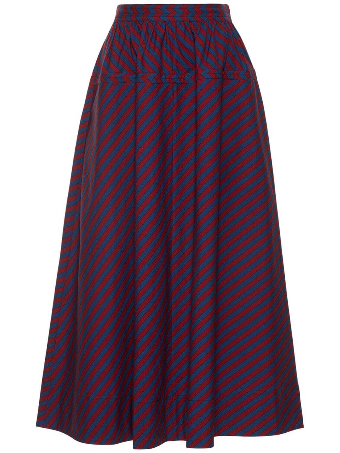 TORY BURCH Striped Cotton Poplin Midi Skirt in blue / multi