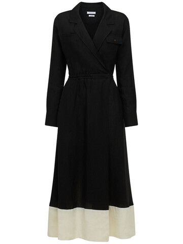 SAKS POTTS Connie Linen Long Sleeve Midi Dress in black / white