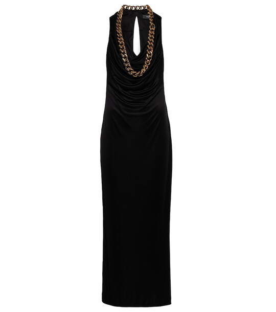 Versace Chain-embellished satin maxi dress in black