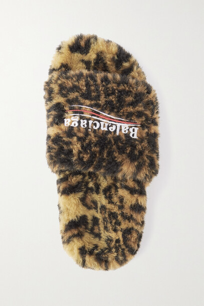 Balenciaga - Logo-embroidered Leopard-print Faux Fur Slides - Animal print