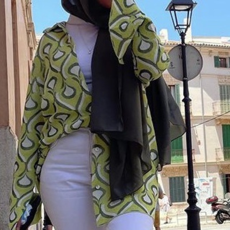 shirt green yellow pattern clothes long sleeves flare