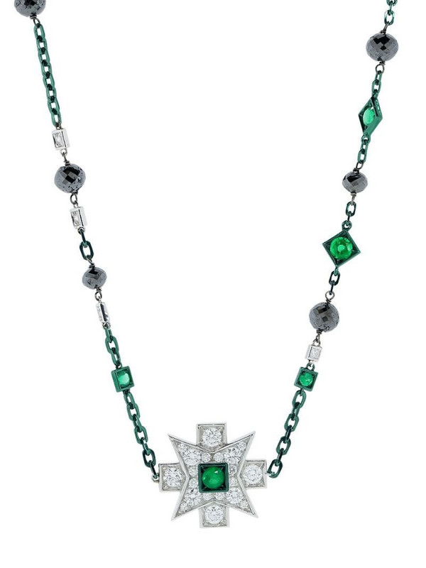 MARIANI 18kt white gold diamond emerald maltese necklace