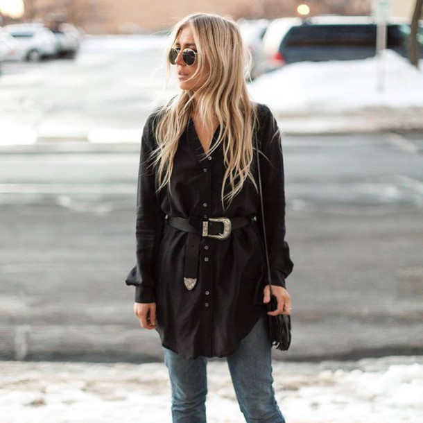 oversized shirt with belt and jeans