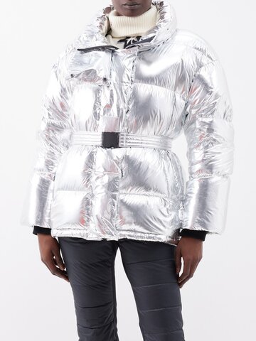 perfect moment - metallic softshell belted down ski jacket - womens - silver