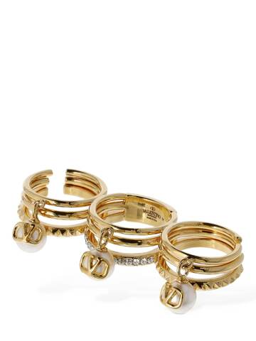 valentino garavani v logo & rockstud triple ring in gold / white