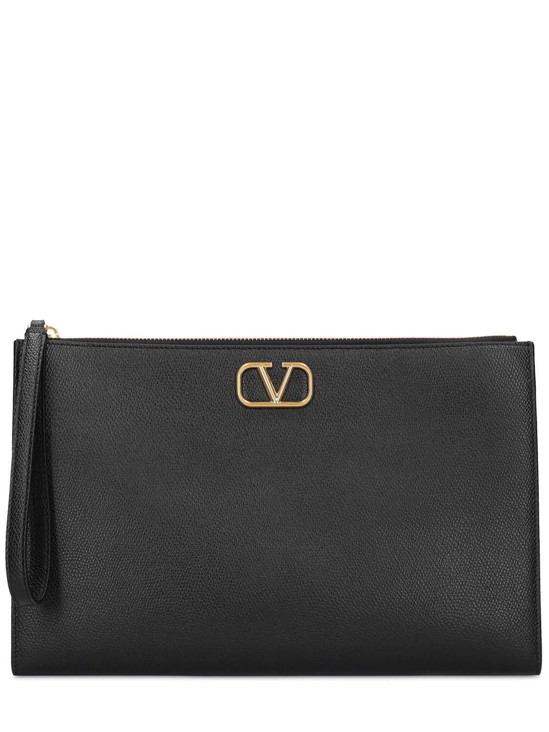 VALENTINO GARAVANI Large V Logo Signature Leather Pouch in black