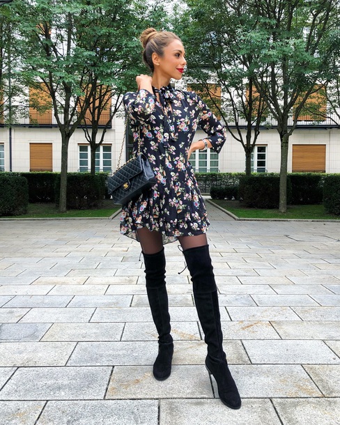 long sleeve dress with tights and boots