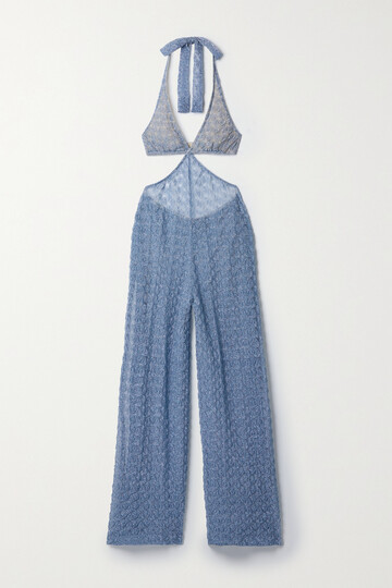 missoni - cutout metallic crochet-knit halterneck jumpsuit - blue