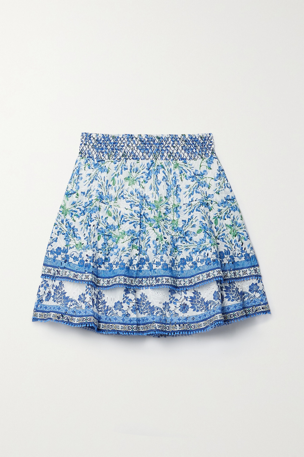 Alice + Olivia Alice + Olivia - Crawford Smocked Printed Broderie Anglaise Cotton Mini Skirt - Blue