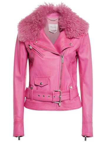 blumarine leather belted jacket w/ faux fur collar in pink